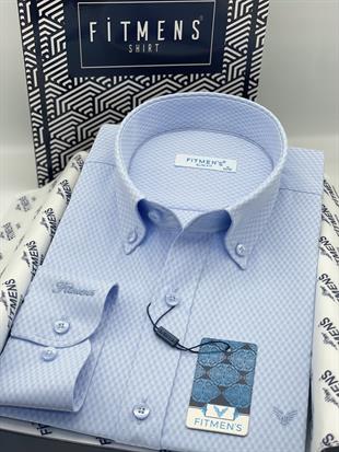 Slim Fit Uzun Kol Baklava Desen Kol Nakışlı Yaka Düğmeli Hediye Kutulu Şık Erkek Gömlek FS-004200 - Mavi