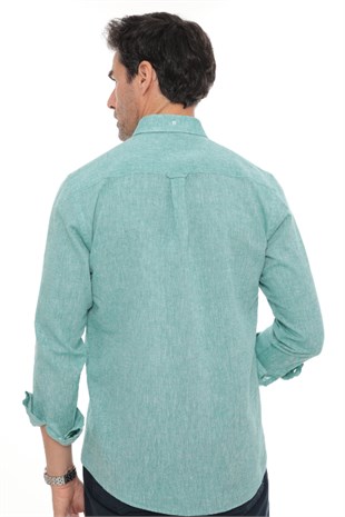 Slim Fit Uzun Kol Yaka Düğmeli Nefes Alan Keten Hediye Kutulu Erkek Gömlek FS-004548 - Açık Yeşil