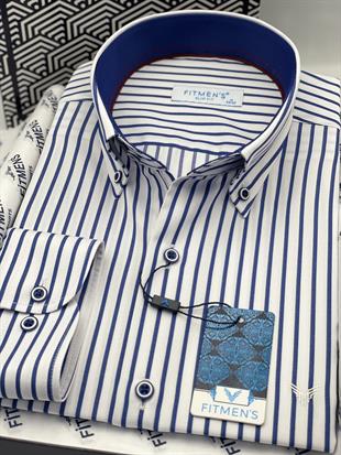 Slim Fit Uzun Kol Premium Kalın Çizgili Yaka Düğmeli Hediye Kutulu Kolay Ütülenebilir Erkek Gömlek FS-001375 - Beyaz Saks Mavi