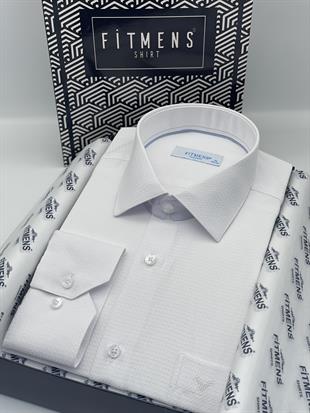 Klasik Uzun Kol Kare Armür Desenli Hediye Kutulu Erkek Gömlek FS-002151 - Beyaz
