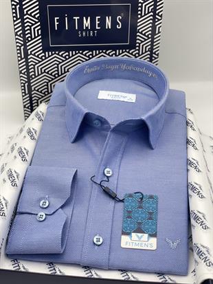 Slim Fit Uzun Kol Ömür Boyu Yakandayım Nakışlı Hediye Kutulu Erkek Gömlek FS-001376 - Saks Mavi