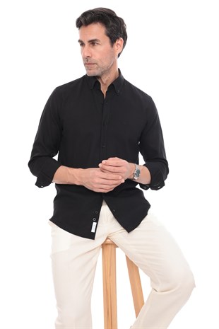 Slim Fit Uzun Kol Yaka Düğmeli Nefes Alan Keten Hediye Kutulu Erkek Gömlek FS-004548 - Siyah