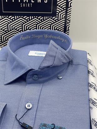 Slim Fit Uzun Kol Ömür Boyu Yakandayım Nakışlı Hediye Kutulu Erkek Gömlek FS-001376 - Saks Mavi