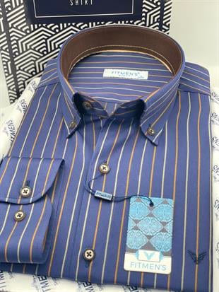 Slim Fit Uzun Kol Premium Çizgili Yaka Düğmeli Hediye Kutulu Erkek Gömlek FS-004334 - Lacivert Kahve