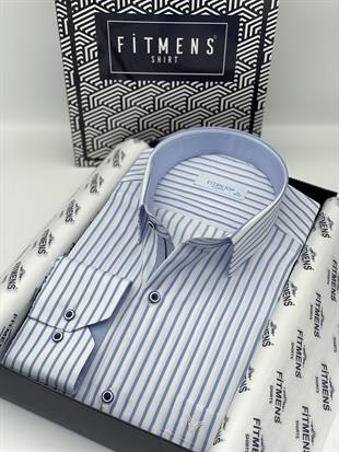 Klasik Uzun Kol Kalın Çizgili Hediye Kutulu Erkek Gömlek FS-001260 - Beyaz Açık Mavi