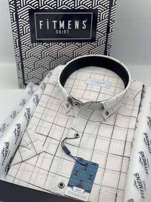 Klasik Kısa Kol Kareli Keten Cotton Yaka Düğmeli Hediye Kutulu Erkek Gömlek FS-003573 - Beyaz Siyah