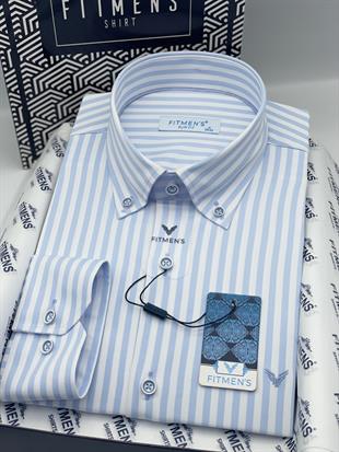 Slim Fit Uzun Kol Likralı Çizgili Yaka Düğmeli Hediye Kutulu Erkek Gömlek FS-003669 - Buz Mavi