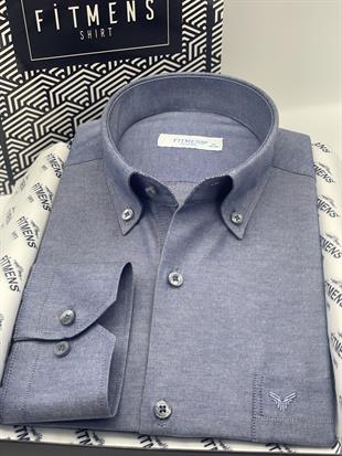 Klasik Uzun Kol Pamuklu Yaka Düğmeli Hediye Kutulu Kolay Ütülenebilir Erkek Gömlek FS-003897 - İndigo