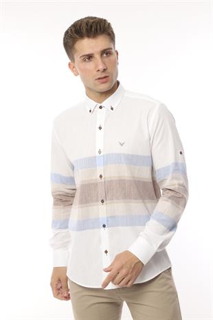 Slim Fit Uzun Kol Panolu Keten Hediye Kutulu Kolay Ütülenebilir Erkek Gömlek FS-002995 - Bej