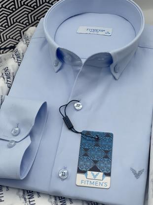 Slim Fit Uzun Kol Pamuklu Hediye Kutulu Kolay Ütülenebilir Erkek Gömlek FS-002225 - Buz Mavi