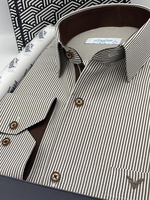 Klasik Uzun Kol İnce Çizgili Cepli Hediye Kutulu Erkek Gömlek FS-003317 - Beyaz Kahve