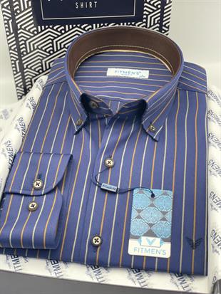 Slim Fit Uzun Kol Premium Çizgili Yaka Düğmeli Hediye Kutulu Erkek Gömlek FS-004334 - Lacivert Kahve