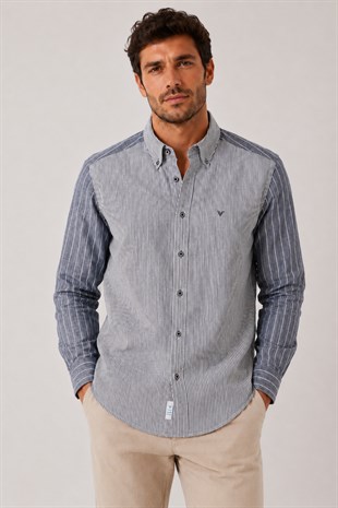 Slim Fit Uzun Kol Çift Desen Yaka Düğmeli Keten Likra Cepsiz Hediye Kutulu Erkek Gömlek FS-004578 - Lacivert