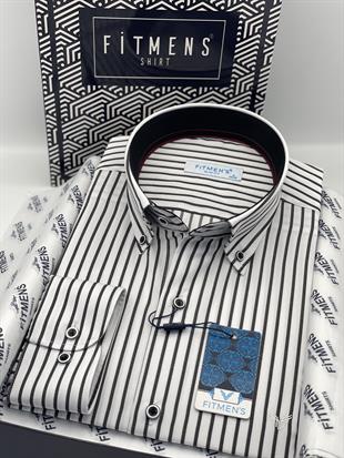 Slim Fit Uzun Kol Premium Kalın Çizgili Yaka Düğmeli Hediye Kutulu Kolay Ütülenebilir Erkek Gömlek FS-001375 - Beyaz Siyah