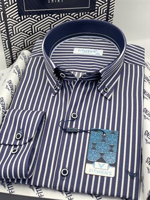 Slim Fit Uzun Kol Premium Kalın Çizgili Yaka Düğmeli Hediye Kutulu Kolay Ütülenebilir Erkek Gömlek FS-001375 - Lacivert