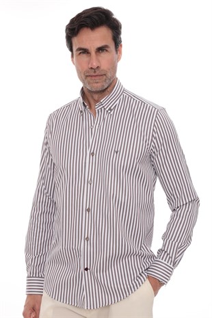 Slim Fit Uzun Kol Likralı Çizgili Yaka Düğmeli Hediye Kutulu Erkek Gömlek FS-003669 - Kahverengi