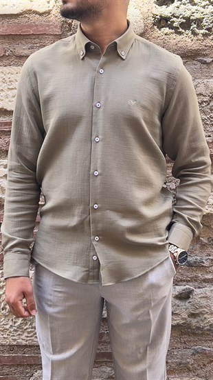 Slim Fit Uzun Kol Müslin Pamuk Rahat Nefes Alabilen Kumaştan Yaka Düğmeli Hediye Kutulu Erkek Gömlek FS-004202 - Haki