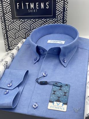 Slim Fit Uzun Kol Pamuklu Hediye Kutulu Kolay Ütülenebilir Erkek Gömlek FS-002225 - Saks Mavi