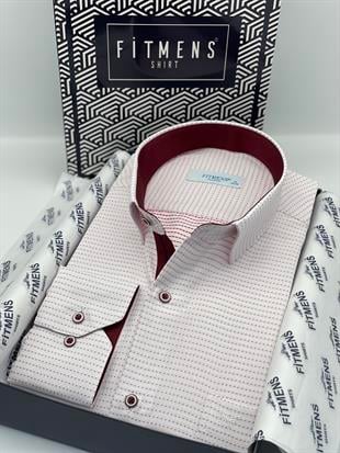 Klasik Uzun Kol Nokta Desenli Hediye Kutulu Erkek Gömlek FS-001259 - Beyaz Bordo