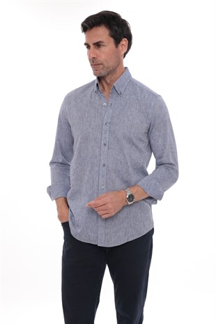 Slim Fit Uzun Kol Yaka Düğmeli Nefes Alan Keten Hediye Kutulu Erkek Gömlek FS-004548 - İndigo