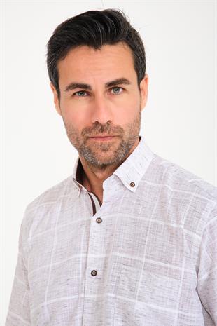 Klasik Kısa Kol Büyük Kare Flam Keten Düğmeli Yaka Hediye Kutulu Erkek Gömlek FS-000714 - Bej