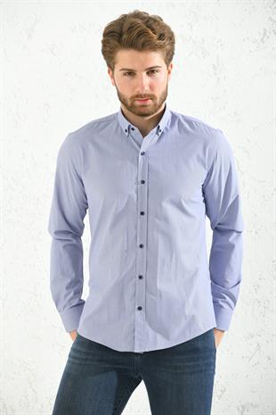 Slim Fit Uzun Kol Pöti Kareli Yaka Düğmeli Hediye Kutulu Erkek Gömlek FS-001373 - Mor