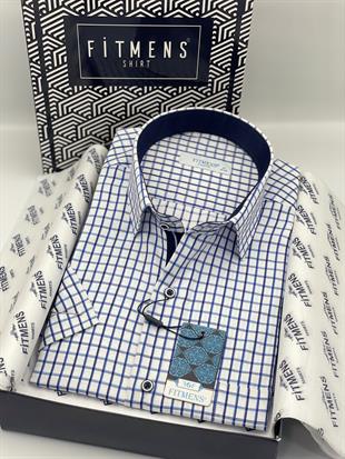 Klasik Kısa Kol Kareli Hediye Kutulu Erkek Gömlek FS-004156 - Beyaz Saks Mavi