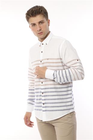 Slim Fit Uzun Kol Panolu Keten Hediye Kutulu Kolay Ütülenebilir Erkek Gömlek FS-002996 - Bej