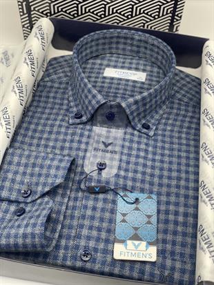 Klasik Uzun Kol Kışlık %100 Cotton Kareli Yaka Düğmeli Hediye Kutulu Erkek Gömlek FS-003127 - Mavi