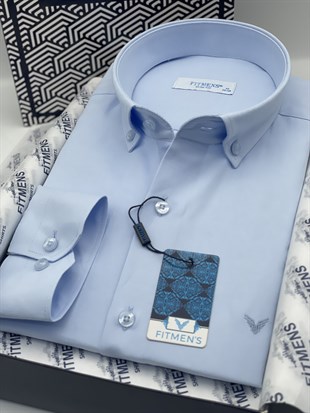 Slim Fit Uzun Kol Pamuklu Hediye Kutulu Kolay Ütülenebilir Erkek Gömlek FS-002225 - Buz Mavi