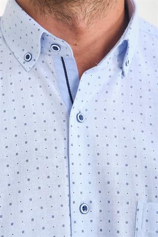 Klasik Kısa Kol Çarpı Filafil Desen Düğmeli Yaka Hediye Kutulu Erkek Gömlek FS-001215 - Mavi