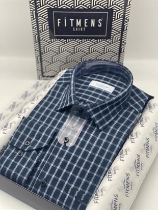 Klasik Uzun Kol Kışlık Ekoseli Oduncu Yaka Altı Düğmeli Pamuklu Hediye Kutulu Erkek Gömlek FS-003133 - Lacivert