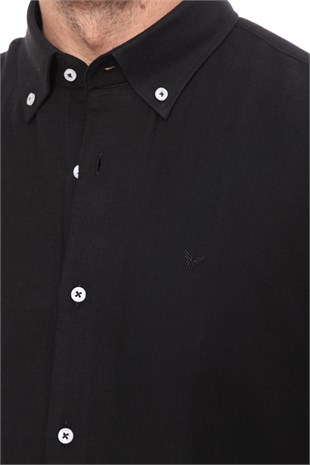 Slim Fit Uzun Kol Müslin Pamuk Rahat Nefes Alabilen Kumaştan Yaka Düğmeli Hediye Kutulu Erkek Gömlek FS-004202 - Siyah