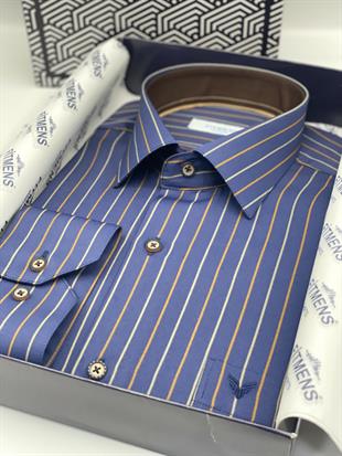 Klasik Uzun Kol Premium Çizgili Hediye Kutulu Erkek Gömlek FS-003272 - Lacivert Kahve