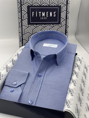 Slim Fit Uzun Kol Ömür Boyu Yakandayım Nakışlı Hediye Kutulu Erkek Gömlek FS-001376 - Saks Mavi