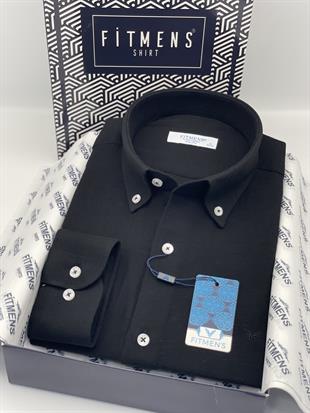 Slim Fit Uzun Kol Müslin Pamuk Rahat Nefes Alabilen Kumaştan Yaka Düğmeli Hediye Kutulu Erkek Gömlek FS-004202 - Siyah