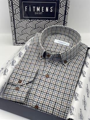 Klasik Uzun Kol Kışlık Ekoseli Yaka Düğmeli %100 Cotton Hediye Kutulu Erkek Gömlek FS-003765 - Bej