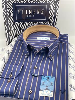 Slim Fit Uzun Kol Premium Çizgili Yaka Düğmeli Hediye Kutulu Erkek Gömlek FS-004335 - Lacivert Bej