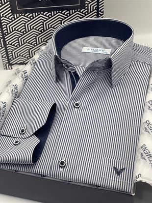 Klasik Uzun Kol İnce Çizgili Cepli Hediye Kutulu Erkek Gömlek FS-003317 - Lacivert