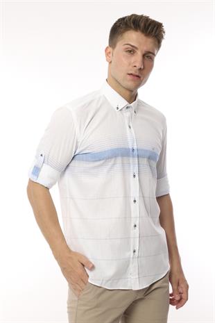 Slim Fit Uzun Kol Panolu Keten Hediye Kutulu Kolay Ütülenebilir Erkek Gömlek FS-002994 - Mavi