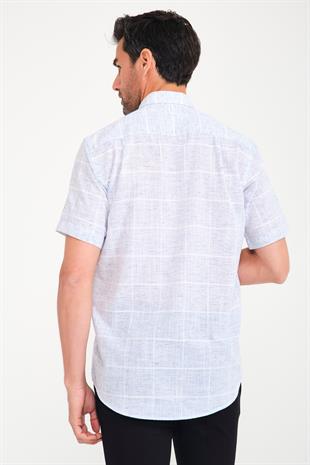 Klasik Kısa Kol Büyük Kare Flam Keten Düğmeli Yaka Hediye Kutulu Erkek Gömlek FS-000714 - Lacivert