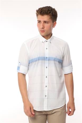 Slim Fit Uzun Kol Panolu Keten Hediye Kutulu Kolay Ütülenebilir Erkek Gömlek FS-002994 - Mavi