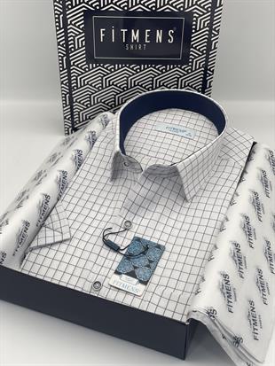 Klasik Kısa Kol Kareli Hediye Kutulu Erkek Gömlek FS-003623 - Beyaz Lacivert
