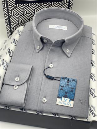 Slim Fit Uzun Kol Müslin Pamuk Rahat Nefes Alabilen Kumaştan Yaka Düğmeli Hediye Kutulu Erkek Gömlek FS-004202 - Gri