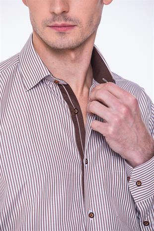 Klasik Uzun Kol Çubuk Çizgili Hediye Kutulu Erkek Gömlek FS-001365 - Beyaz Kahve