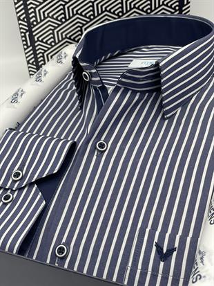 Klasik Uzun Kol Premium Kalın Çizgili Hediye Kutulu Erkek Gömlek FS-001266 - Lacivert Beyaz