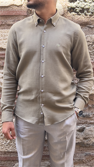 Slim Fit Uzun Kol Müslin Pamuk Rahat Nefes Alabilen Kumaştan Yaka Düğmeli Hediye Kutulu Erkek Gömlek FS-004202 - Haki