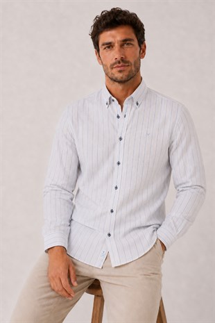Slim Fit Uzun Kol Çizgili Cepsiz Keten Likra Hediye Kutulu Erkek Gömlek FS-004579 - Beyaz Açık Mavi