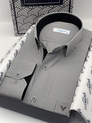 Klasik Uzun Kol İnce Çizgili Cepli Hediye Kutulu Erkek Gömlek FS-003317 - Beyaz Siyah