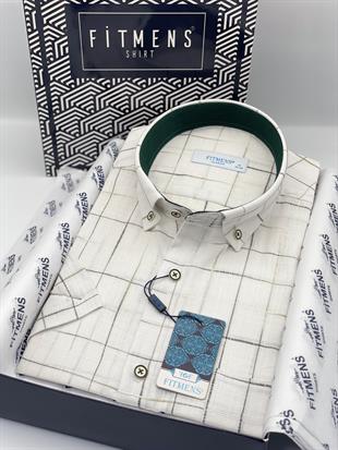 Klasik Kısa Kol Kareli Keten Cotton Yaka Düğmeli Hediye Kutulu Erkek Gömlek FS-003573 - Beyaz Yeşil